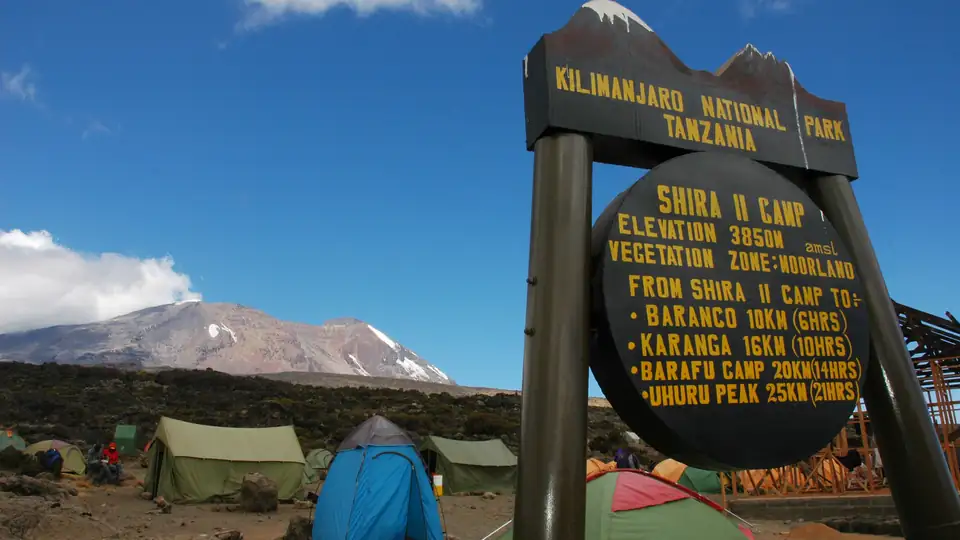 Kilimanjaro National Park signboard at Shira 2 Camp with tents behind it