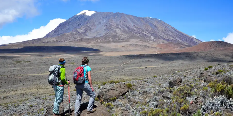 Two trekkers on the moorland walking toward Kibo