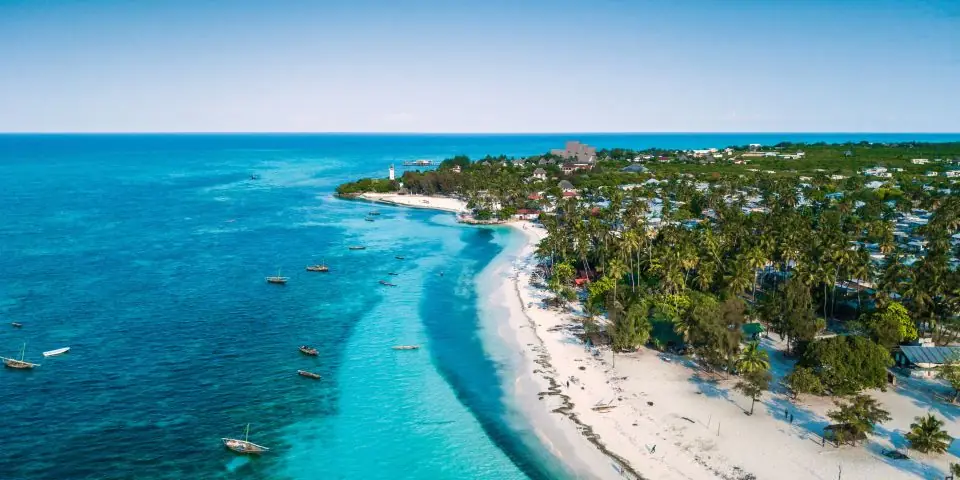 Aerial view of a white sand beach and turquoise sea with palm trees on Zanzibar