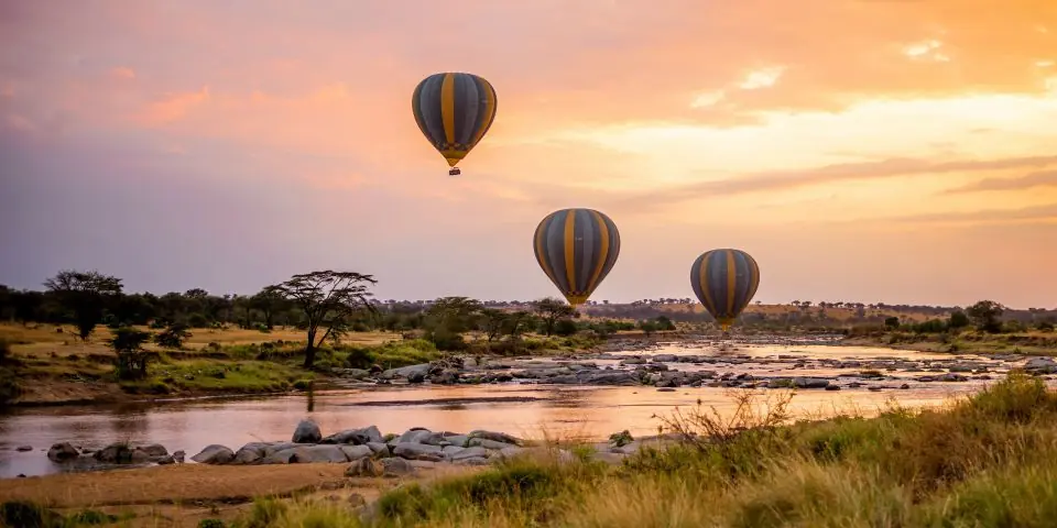 Hot air balloons floating over a river and savanna at sunrise